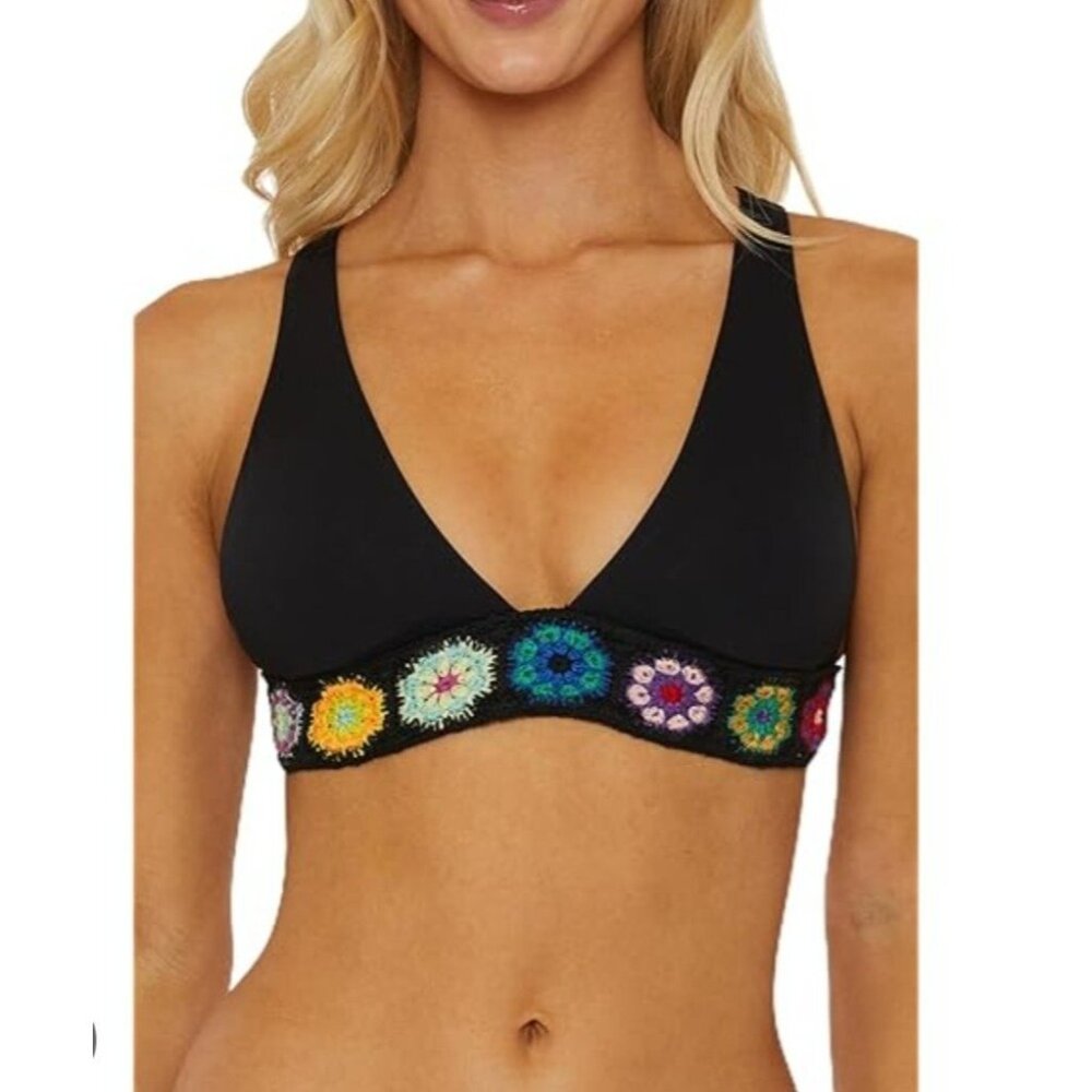 ISABELLA ROSE Women's Bikini Top Brallete Cup-D L Black Embroidered Cross-Back
